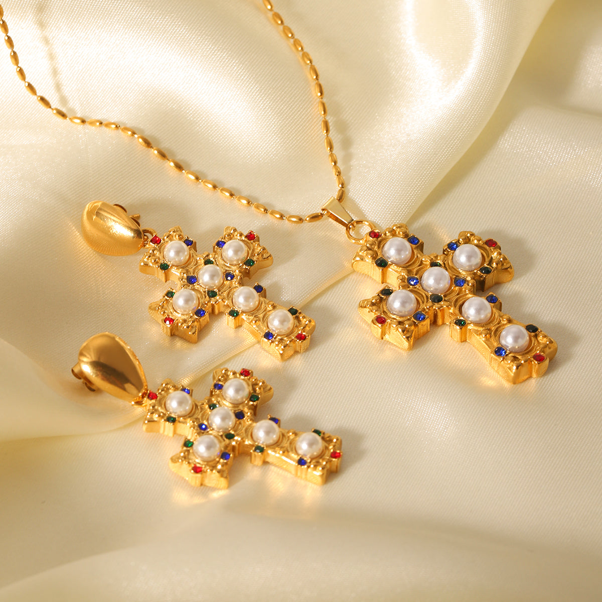 COLLANA CROCE CON PERLE  ACCIAIO INOX 304 REGOLABILE