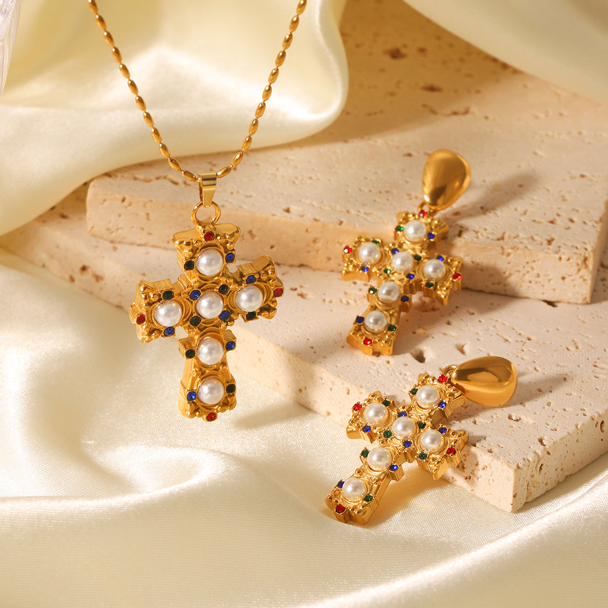 COLLANA CROCE CON PERLE  ACCIAIO INOX 304 REGOLABILE