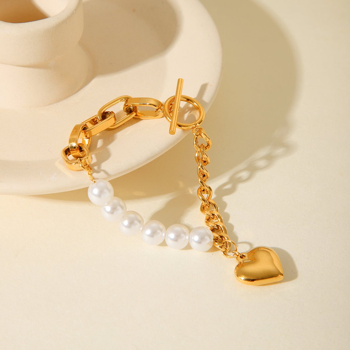 BRACCIALE PERLA CON CIONDOLO A CUORE IN OROR  ACCIAIO INOX 304 MIS.19 CM