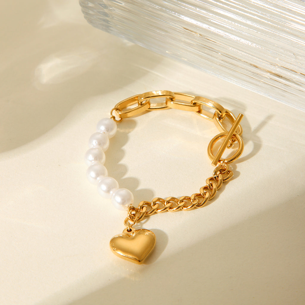 BRACCIALE PERLA CON CIONDOLO A CUORE IN OROR  ACCIAIO INOX 304 MIS.19 CM