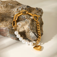 BRACCIALE PERLA CON CIONDOLO A CUORE IN OROR  ACCIAIO INOX 304 MIS.19 CM