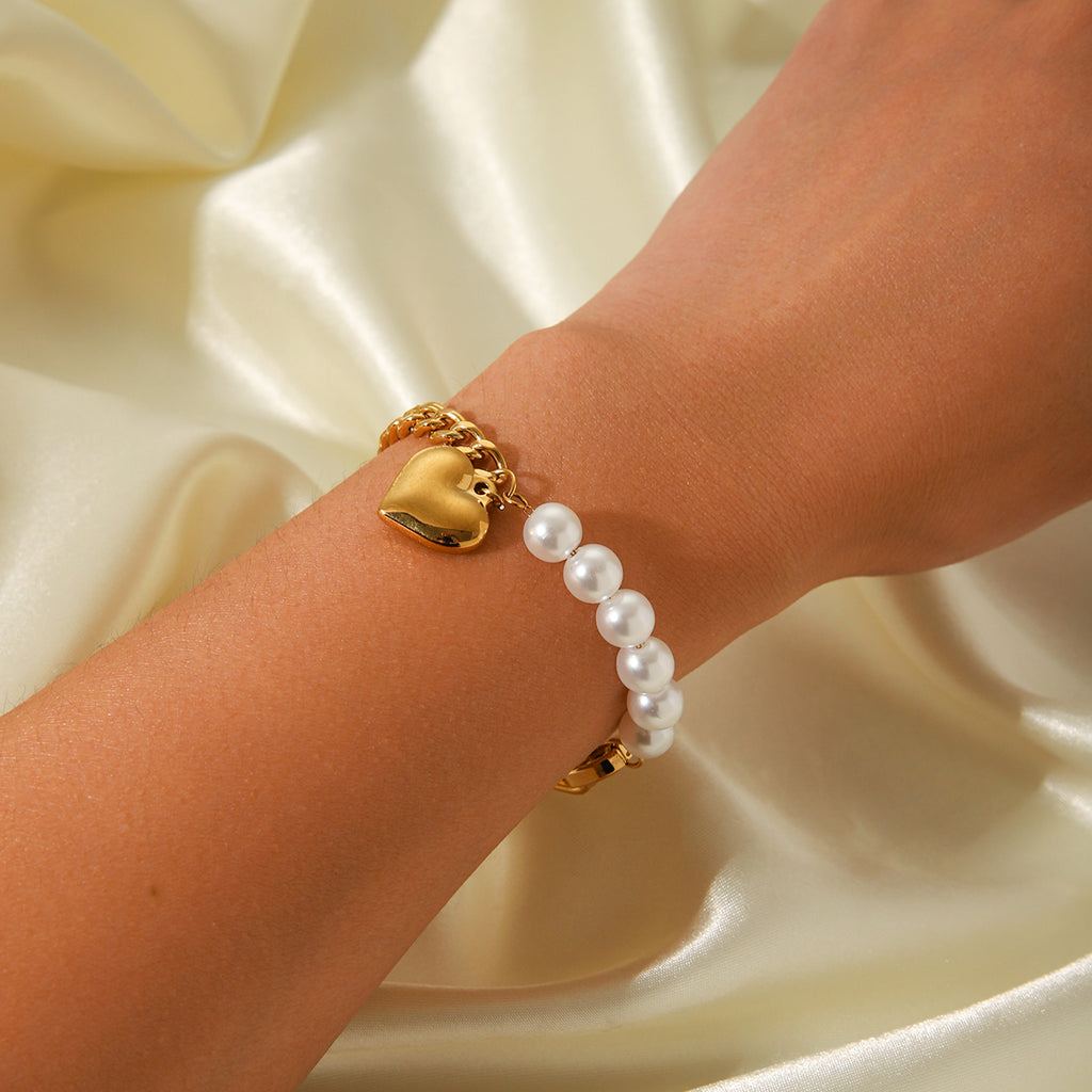 BRACCIALE PERLA CON CIONDOLO A CUORE IN OROR  ACCIAIO INOX 304 MIS.19 CM