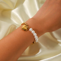 BRACCIALE PERLA CON CIONDOLO A CUORE IN OROR  ACCIAIO INOX 304 MIS.19 CM