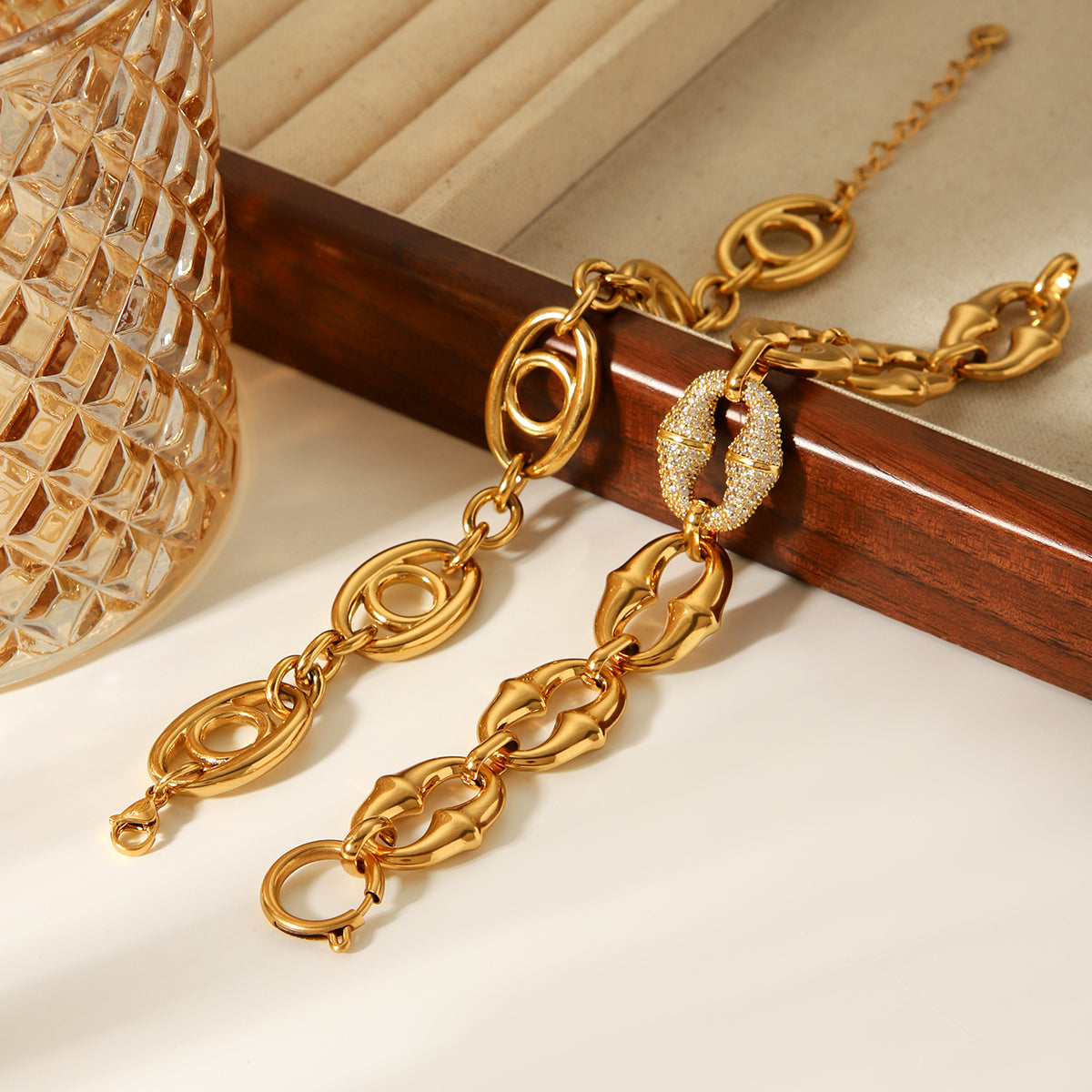 BRACCIALE MARINARO CON STRASS ORO ACCIAO INOX 304