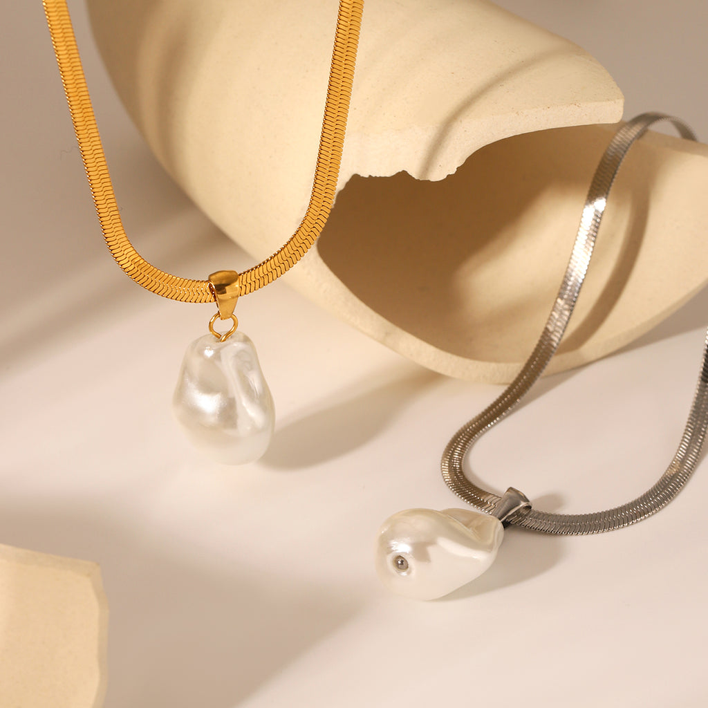 COLLANA SNAKE ARGENTO CON CIONDOLO PERLA ACCIAIO INOX 304