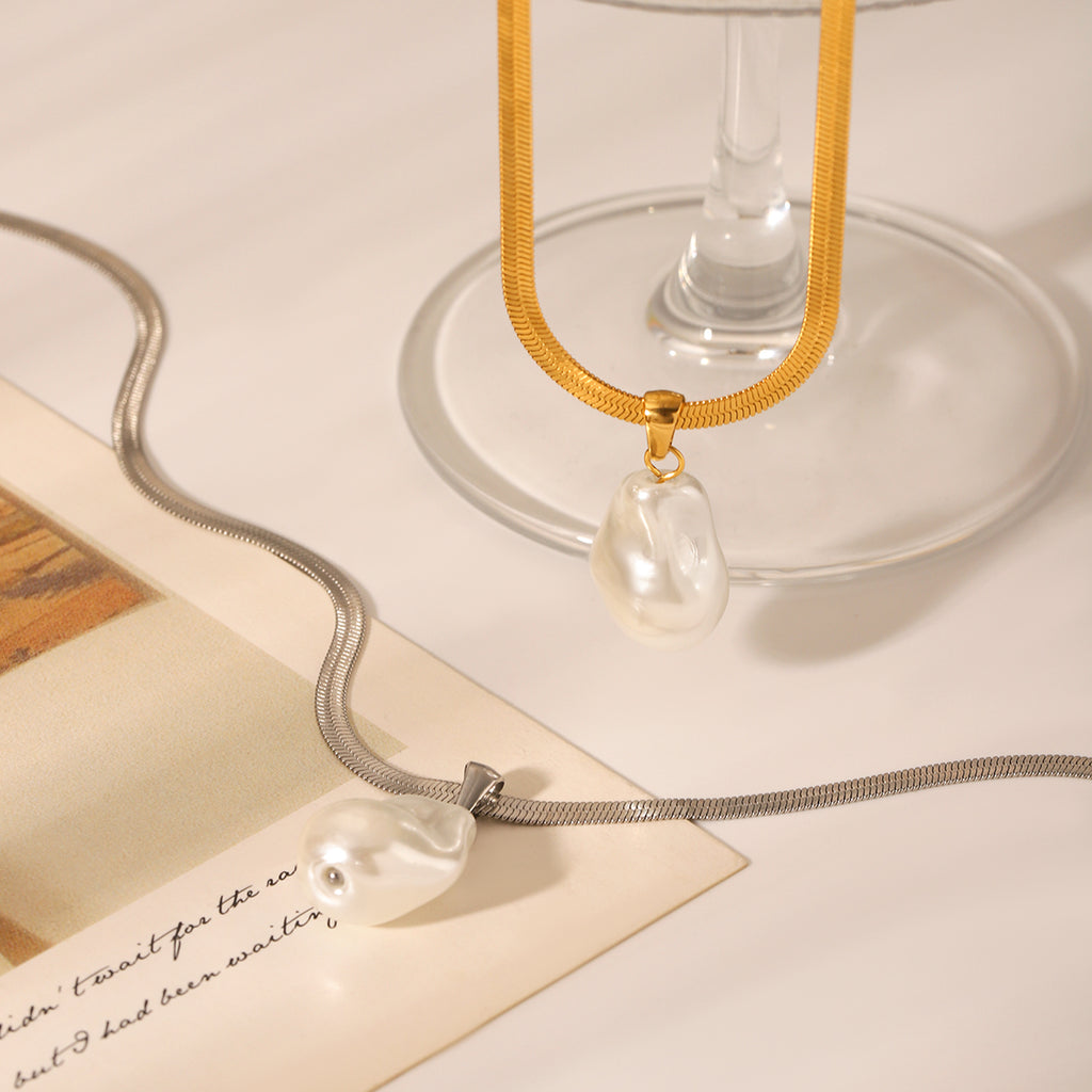 COLLANA SNAKE ARGENTO CON CIONDOLO PERLA ACCIAIO INOX 304