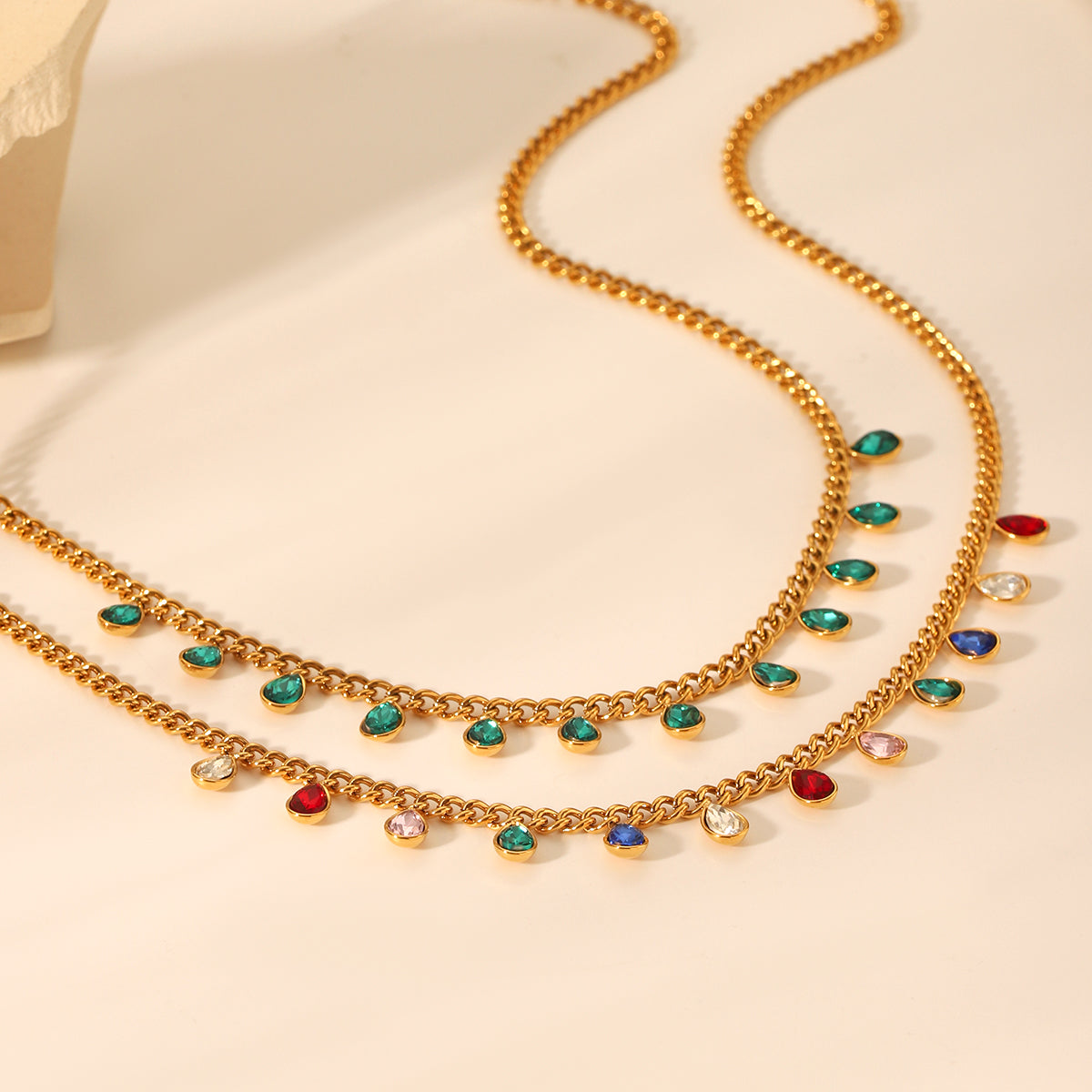 COLLANA A GOCCIA CON ZIRCONI COLORATI ACCIAIO INOX 304