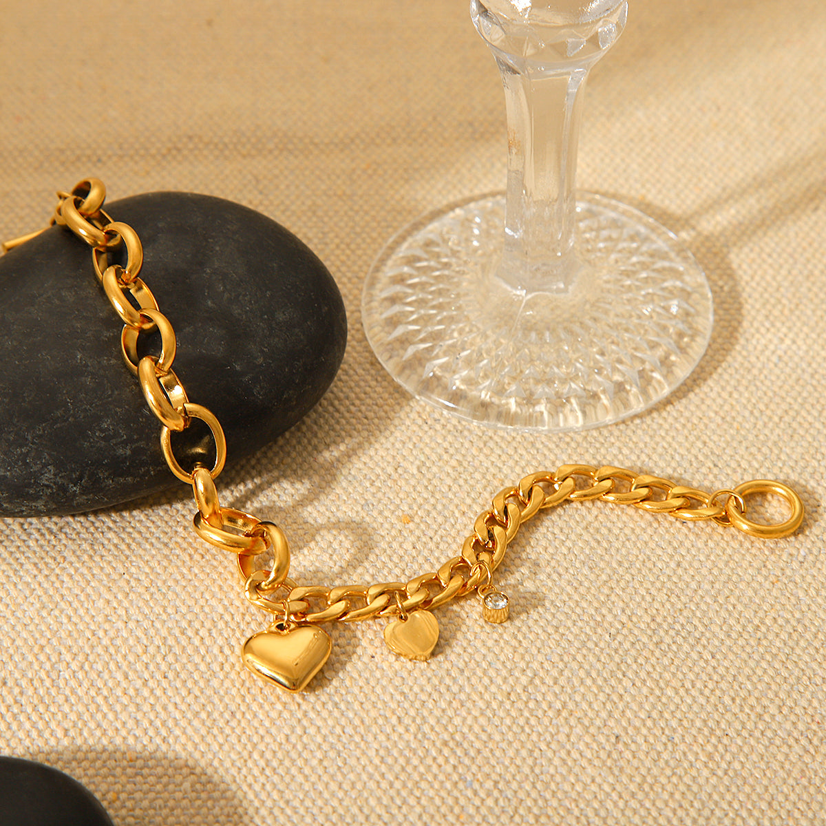 BRACIALE DOPPIA CATENA CON CIONDOLI E ZIRCONI GOLD ACCIAIO INOX 304 REGOLABILE