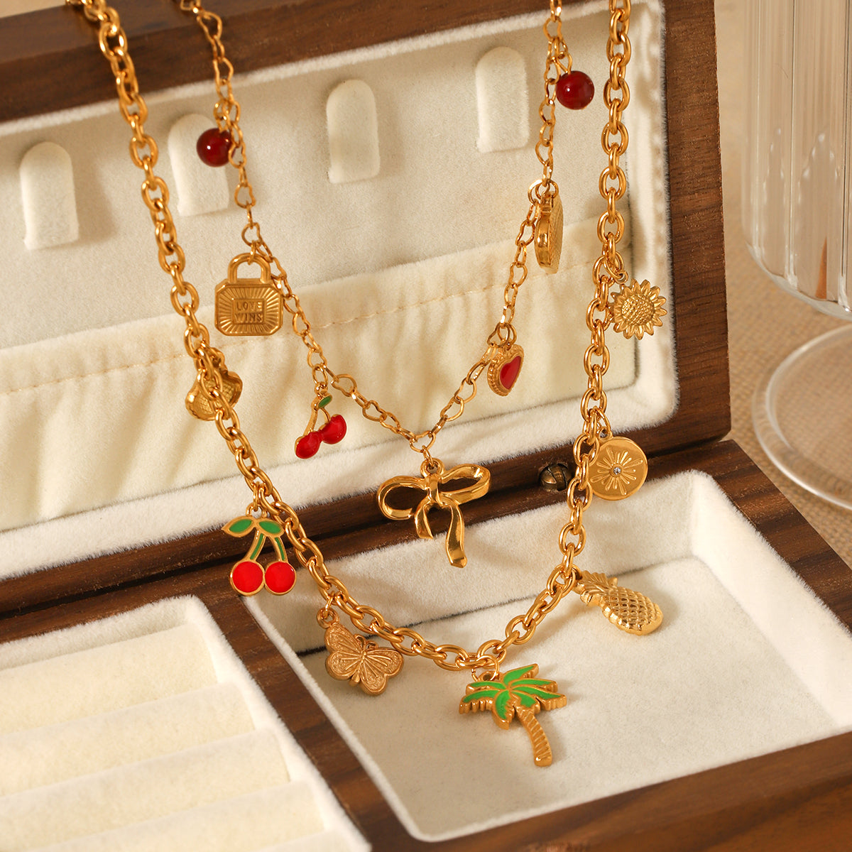 COLLANA FIOCCO CON CIONDOLI E PIETRE ACCIAIO INOX 304 REGOLABILE