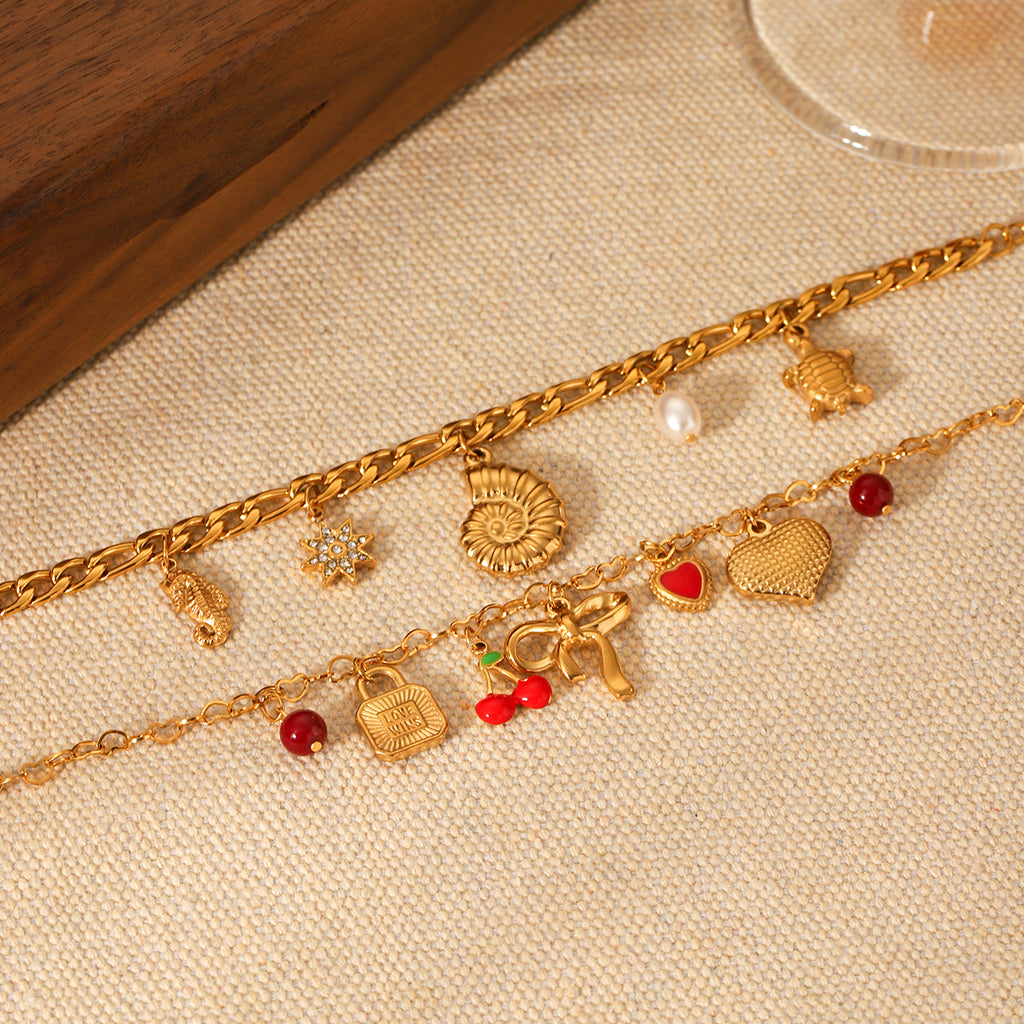 BRACCIALE FIOCCO CON CIONDOLI E PIETRE ACCIAIO INOX 304 REGOLABILE