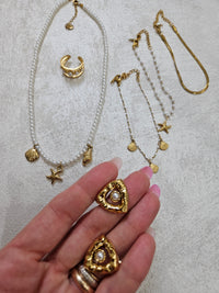 Completo oz 4 collana tris di bracciali anello e orecchini con perle in acciaio inox