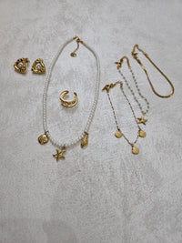 Completo oz 4 collana tris di bracciali anello e orecchini con perle in acciaio inox