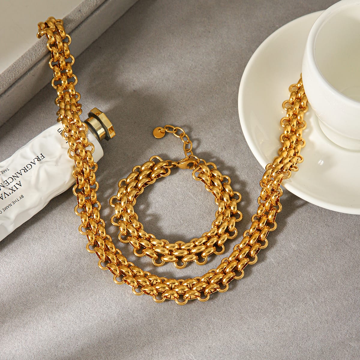 BRACCIALE SOFIA IN ORO A DOPPIA CATENA INTRECCIATO IN ACCIAIO INOX 304