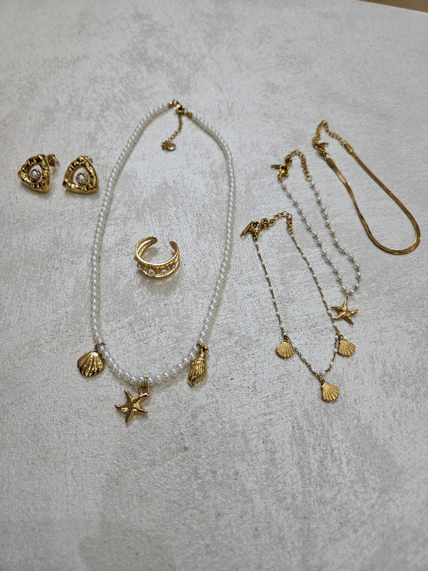 Completo oz 4 collana tris di bracciali anello e orecchini con perle in acciaio inox