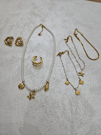 Completo oz 4 collana tris di bracciali anello e orecchini con perle in acciaio inox