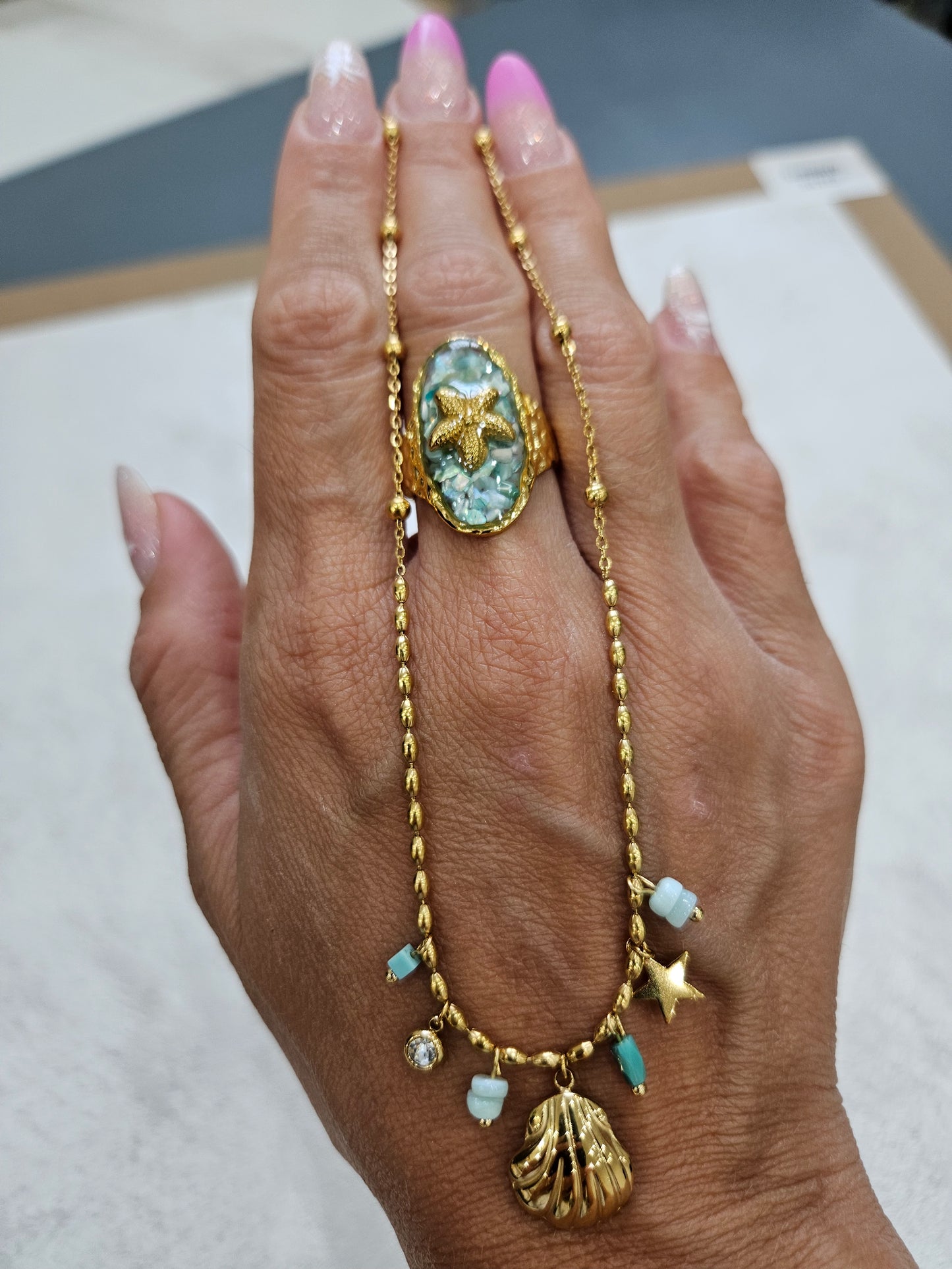 Completo stella marina anello+collana in acciaio inossidabile